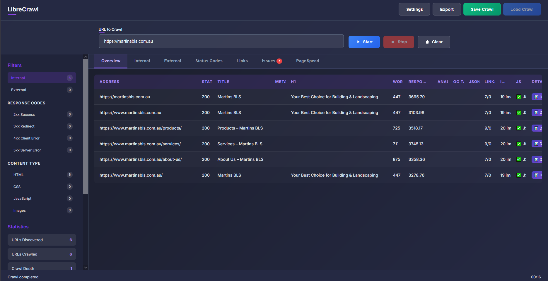 LibreCrawl dashboard showing crawl results with dark mode interface